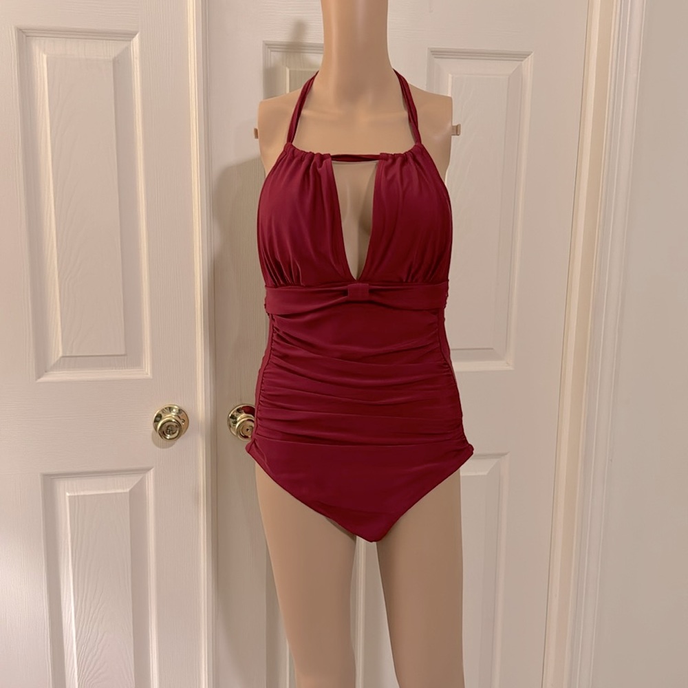 Maroon Ruffled Waist Swimsuit One-Piece Size Large